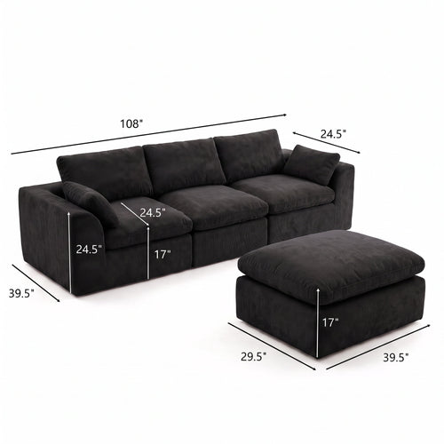 108" Modern Cloud Couch, Plush L Shaped Sectional Couch with Ottoman, Comfy Boneless Couch Modular Sofa, High-Density Memory Foam Deep Seat, No Assembly Required, Pet-Friendly, Black