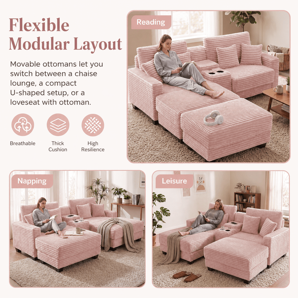 Wiilayok Convertible Modular Cloud Sofa, U Shaped Sectional Sofa Couch with Ottoman,Central Console,Cup Holder, Adjustable Backrest for Living Room, Pink