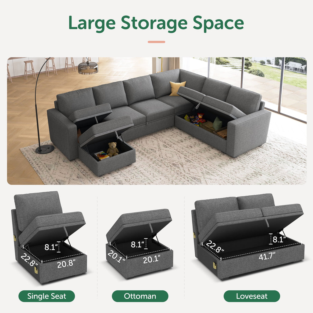 Marrber 7 Pieces Oversized Modular Sectional Sleeper Sofa with Pull-Out Bed and Storage Seats for Living Room, Linen Grey