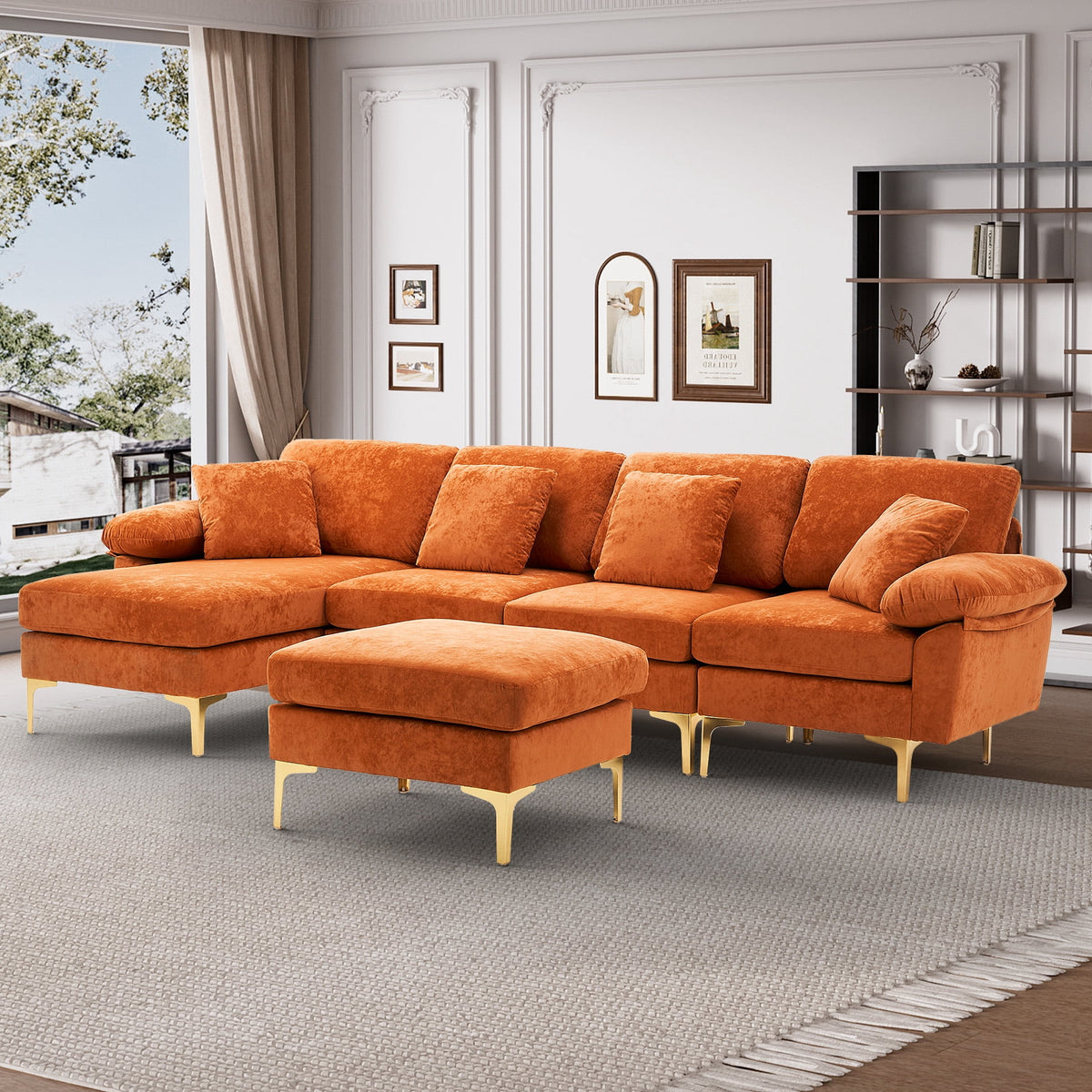Wiilayok U Shaped Sectional Sofa,Velvet Modular 4 Seat Sofa Couch,114 inch L-Shaped Couch Set with Chaise Lounge, Ottoman& Pillows for Living Room,Orange
