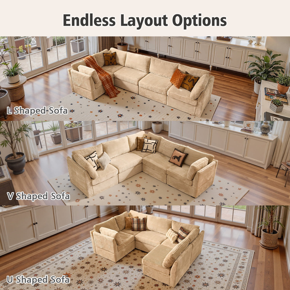  95" Modular Sectional Sofa Deep Seat L-Shaped Cloud Corduroy Couch for Living Room, 5 Seat, Beige