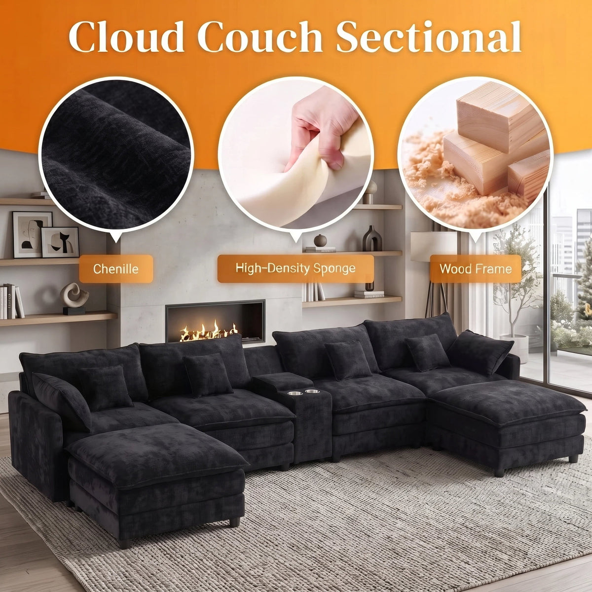 AISWORD 145" Modular U-Shaped Cloud Couch Sectional, Chenille 6-Seat Sofa with Double Chaise, Center Console, USB Charging, Hidden Storage & Cup Holders for Living Room, Black