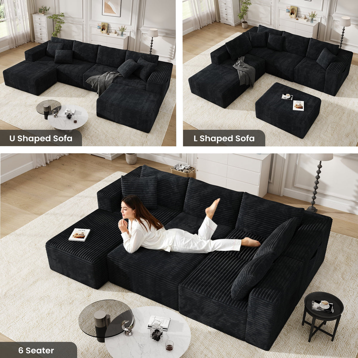 137" U-Shaped Sectional Sofa with Chaise, Modular Cloud Sectional Couch with Deep Seat for Living Room, Modern Boneless Couch with Back Cushion, Pillow, Ottoman, No Assembly Required, Corduroy Fabric