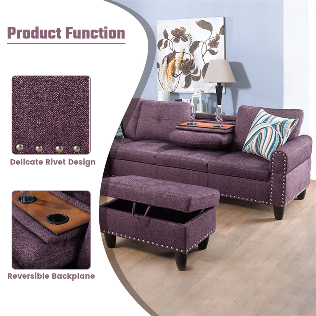  3 Piece Sectional Sofa, Living Room Couch with Storage Ottoman&Cup Holder, Linen, Left Hand, Purple