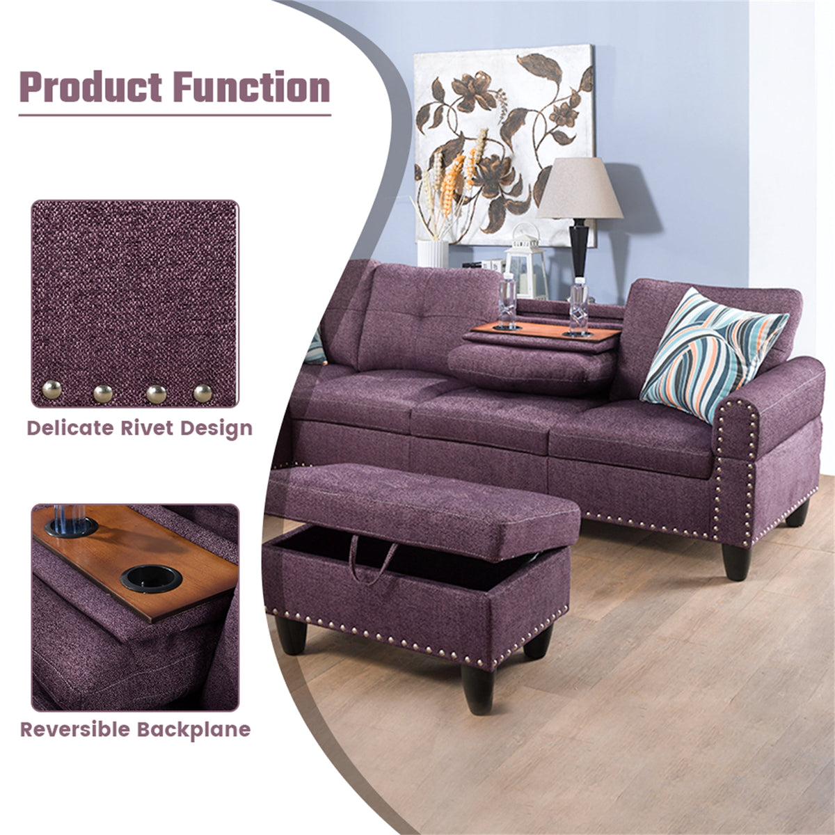  3 Piece Sectional Sofa, Living Room Couch with Storage Ottoman&Cup Holder, Linen, Left Hand, Purple