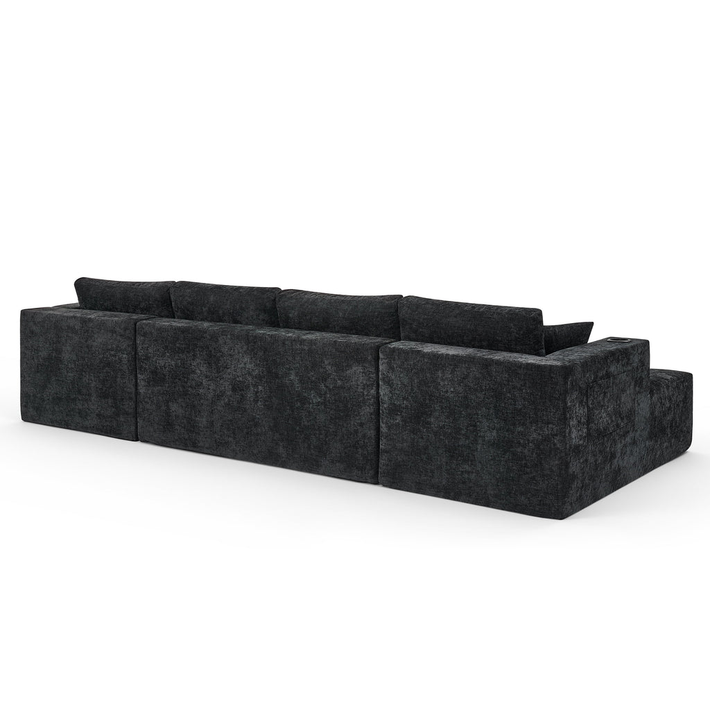  132" U-Shaped Chenille Cloud Sectional Sofa, Boneless Modular Couch with Cup Holders & Side Pockets, No Assembly Compressed Living Room Sofa, Black