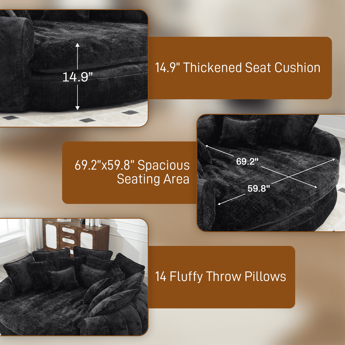 Rophefx 81.1" Oversized Round Chaise Lounge Sofa Bed,Fluffy Plush Cloud Couch with Deep Seat and 14 Pillows,Modern Comfy Couch for Living Room Apartment,Black