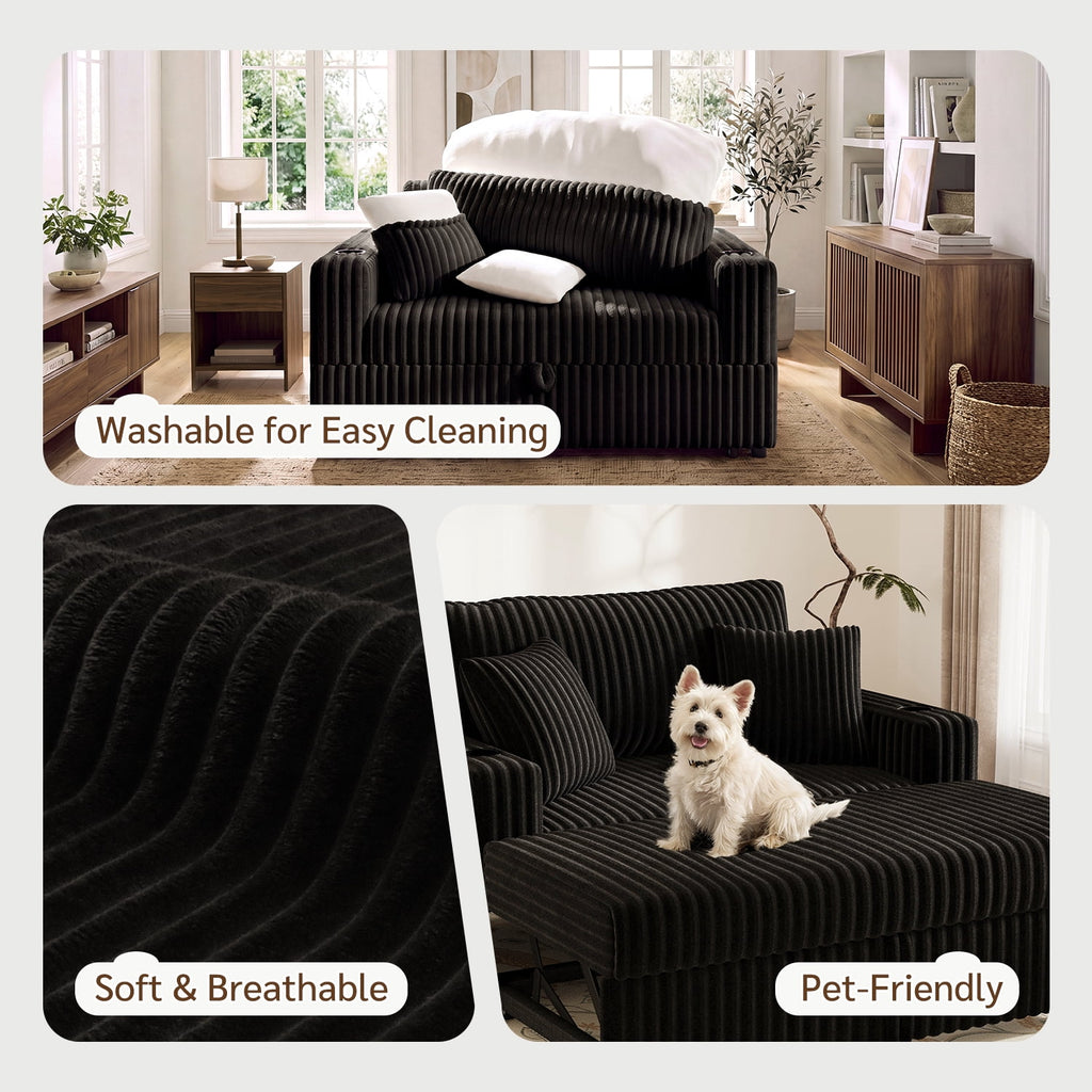 Marrber Black 52? 3-in-1 Convertible Pull-Out Sofa Bed Sleeper Loveseat with Reclining Backrest, Built-in Cup Holders, Pet-Friendly Corduroy Sofa for Small Space