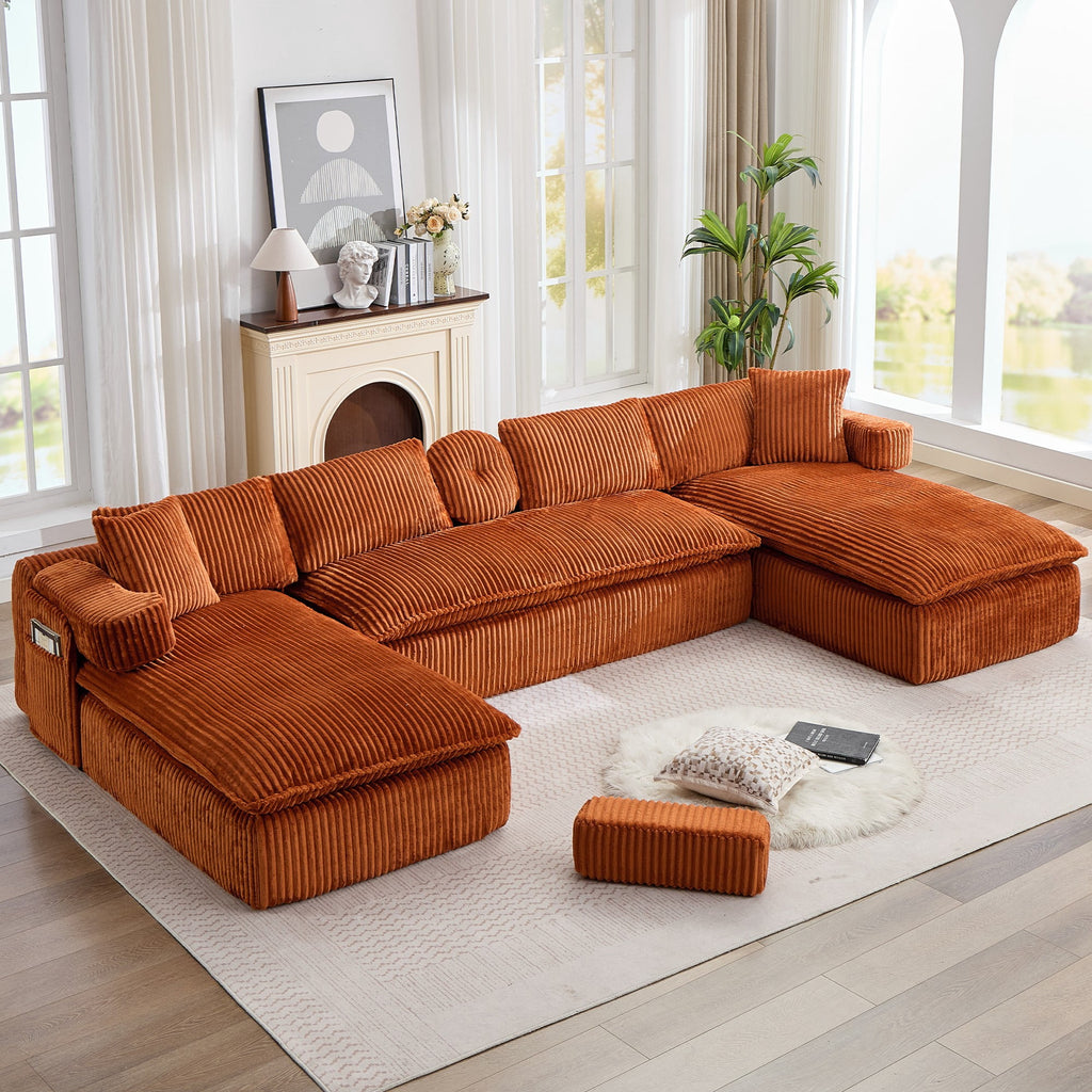  Sectional Sofa, Oversized Sectional Couch Convertible Sofa Bed, 6 Seat Corduroy Sofa Couch with Side Pocket for Living Room, No Assembly Orange