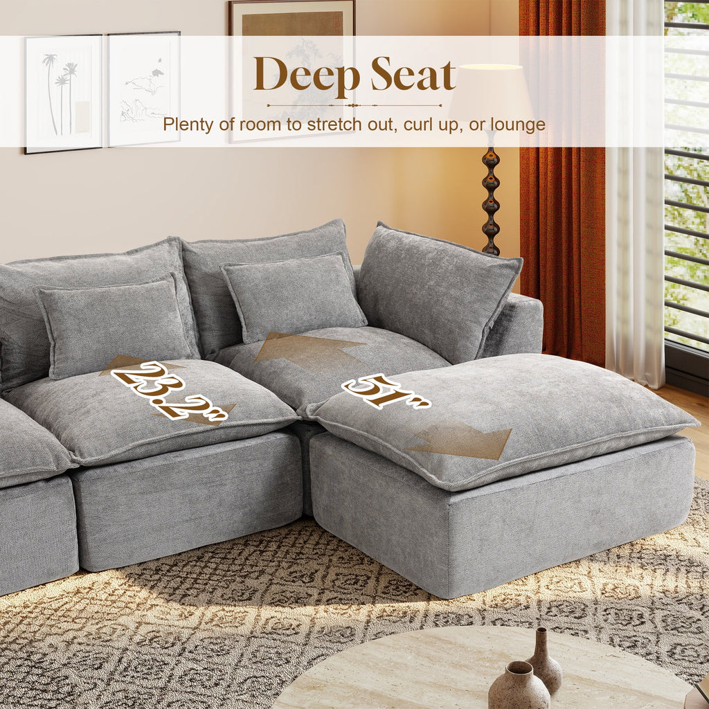 Timbernest 130" Sectional Couch, Boneless Cloud Sofa, No Assembly Required Modular U-shaped Couch for Living Room, 4 Seater, Gray