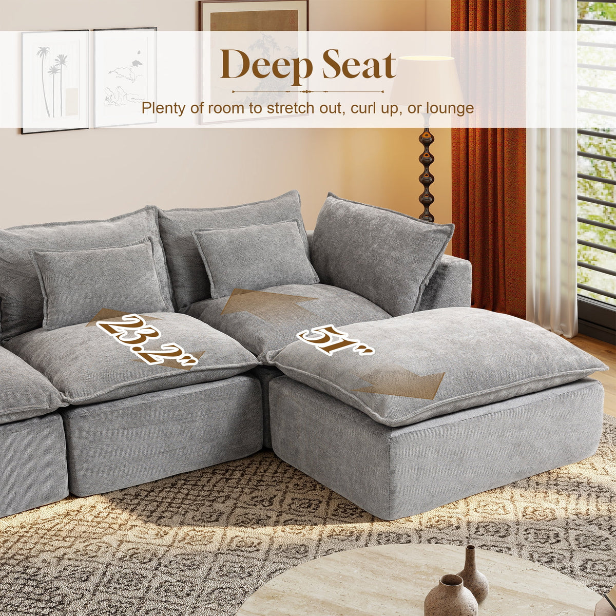 Timbernest 130" Sectional Couch, Boneless Cloud Sofa, No Assembly Required Modular U-shaped Couch for Living Room, 4 Seater, Gray