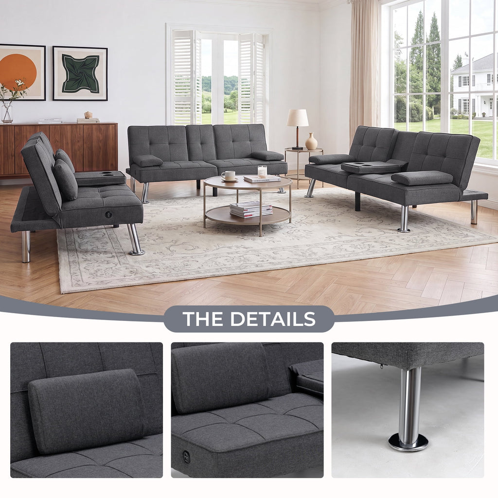  Futon Sofa Bed, 3 Piece Foldable Versatile Guest Couch with Cup Holders & USB Charging Port for Living Room,Gray