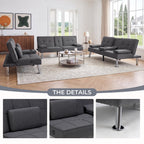  Futon Sofa Bed, 3 Piece Foldable Versatile Guest Couch with Cup Holders & USB Charging Port for Living Room,Gray