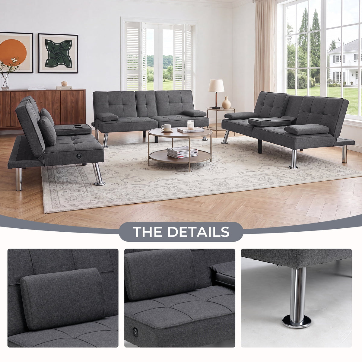  Futon Sofa Bed, 3 Piece Foldable Versatile Guest Couch with Cup Holders & USB Charging Port for Living Room,Gray