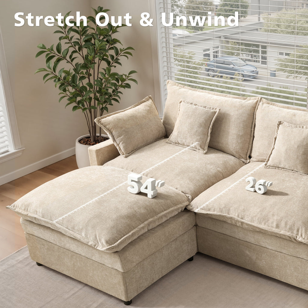  108" Modular Sofa U-Shaped Cloud Sectional Couch with 2 Ottomans, Comfy Deep Seat Chenille Sofa for Living Room, Apartment, Camel