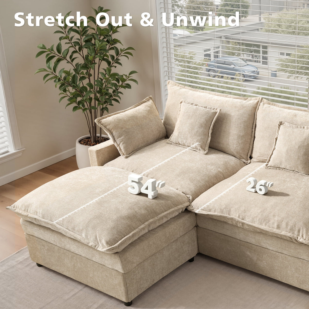  108" Modular Sofa U-Shaped Cloud Sectional Couch with 2 Ottomans, Comfy Deep Seat Chenille Sofa for Living Room, Apartment, Camel