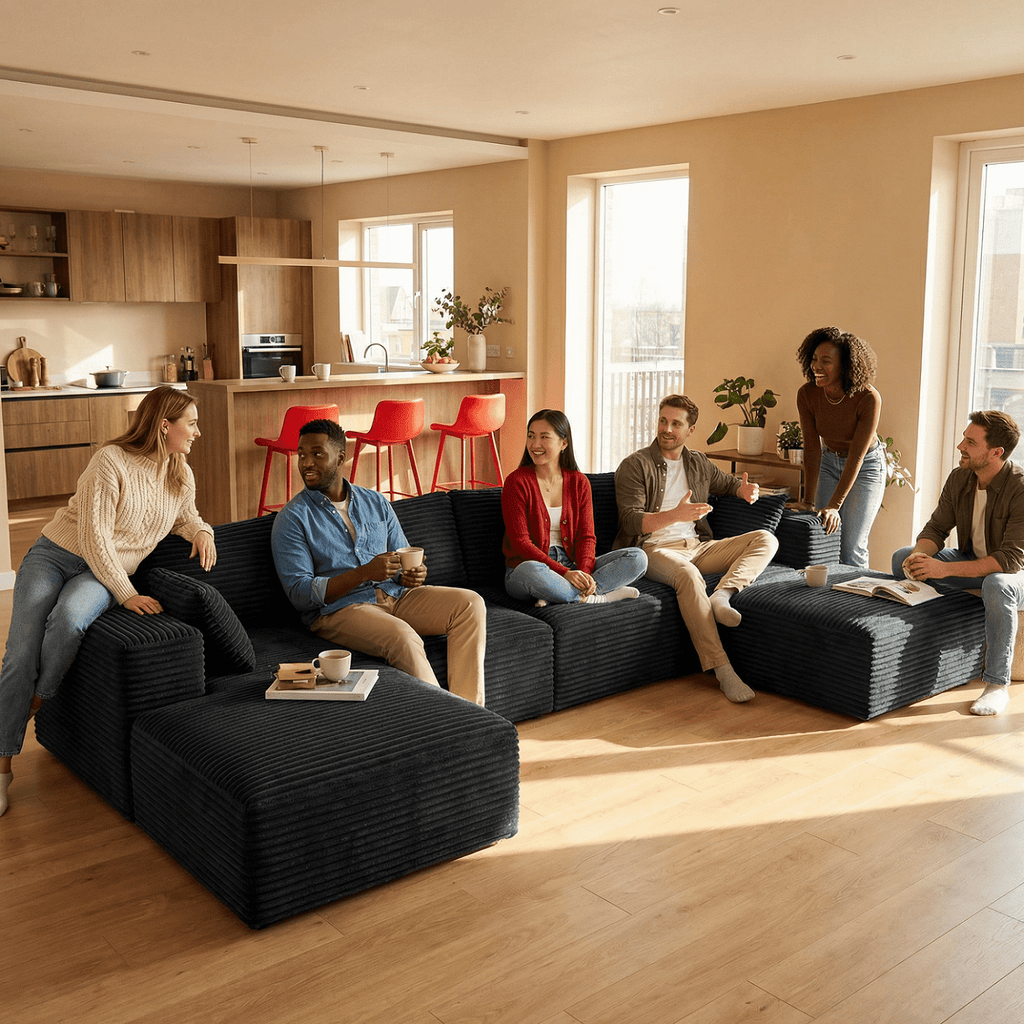 U-Shape Sectional Sofa, 135'' Modular Sectional Couch with Chaise Lounge, Couch Comfy Corduroy Floor Sofa for Living Room, Corduroy Upholstered 4-Seater Sofa with Pillow Back and Square Arms,