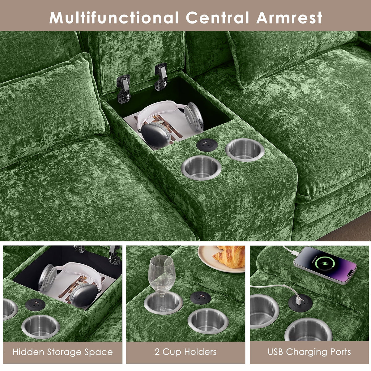 AISWORD 157" U Shaped Cloud Couch Sectional, Oversized Modular Sofa with USB Charging, Hidden Storage, Cup Holders & Double Chaise for Living Room, Green