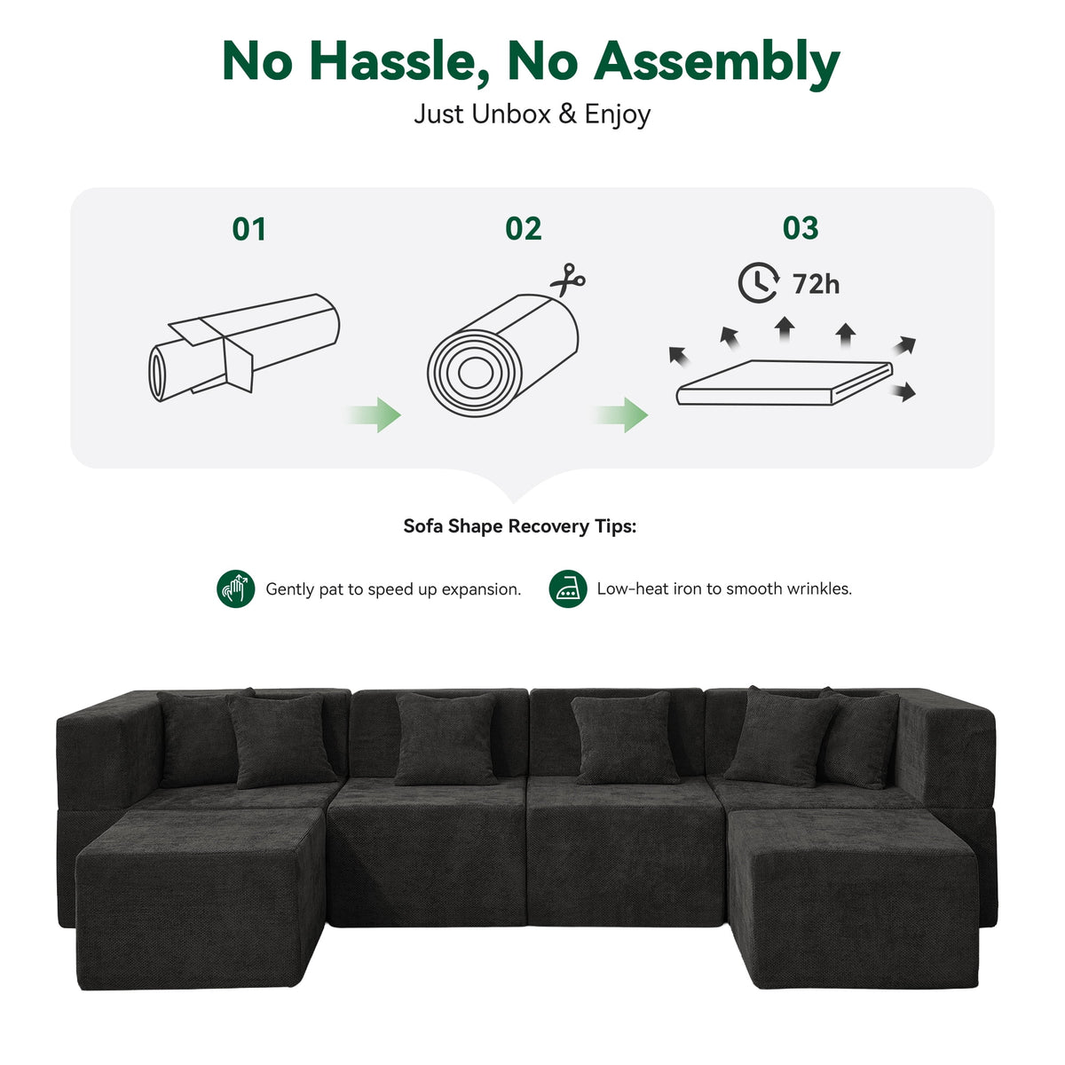  130" 6-Piece Modular Sectional Sofa with 2 Movable Ottomans, U-Shaped Cloud Couch for Living Room, Modern Chenille Deep Seat Sofa Set, Flexible Oversized Sleeper Couches, Black