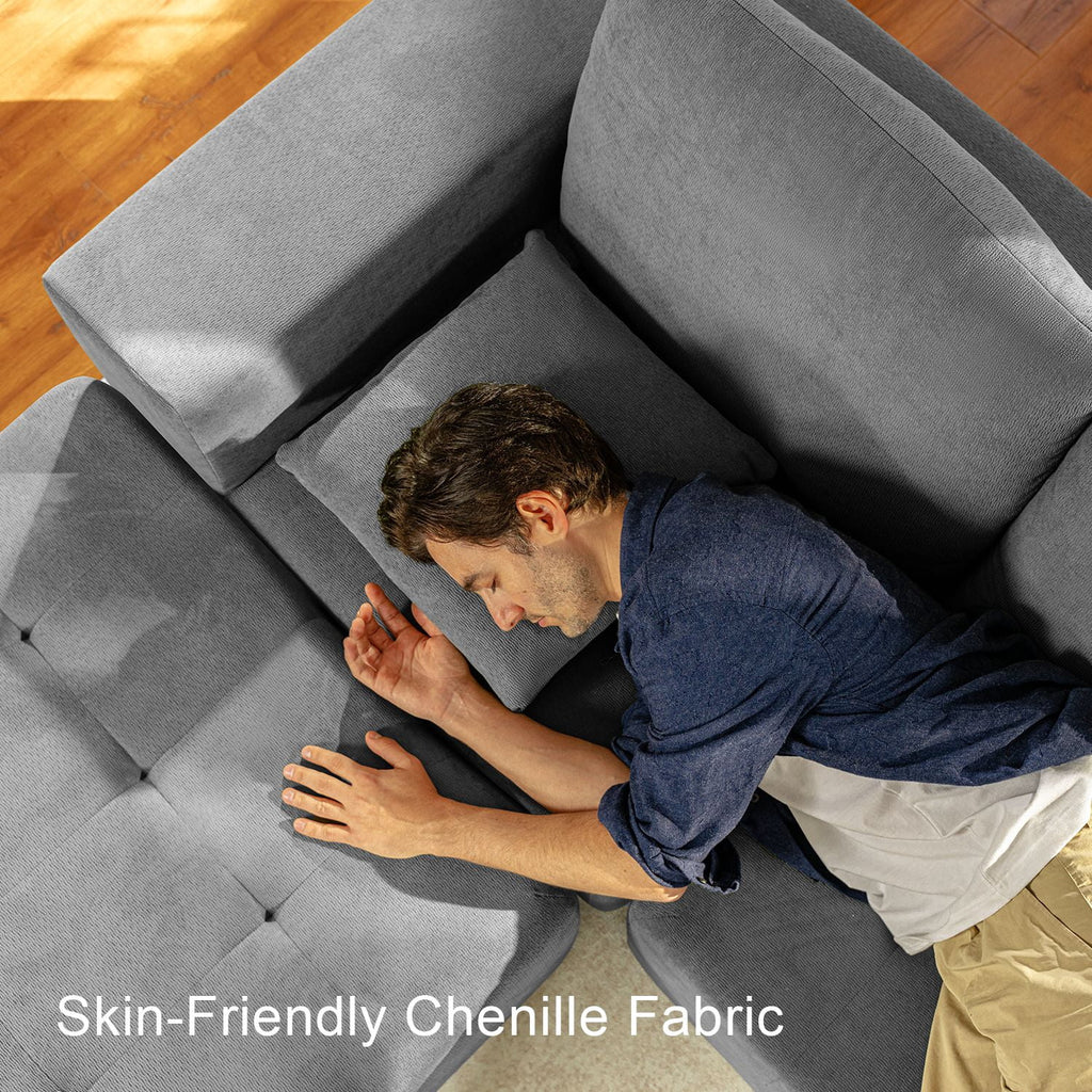  Modular Sectional Boneless Couch, Chenille Tufted Sectional Couches for Living Room, No Assembly U Shape Cloud Sofa with Throw Pillows & Storage Side Pocket (Gray)