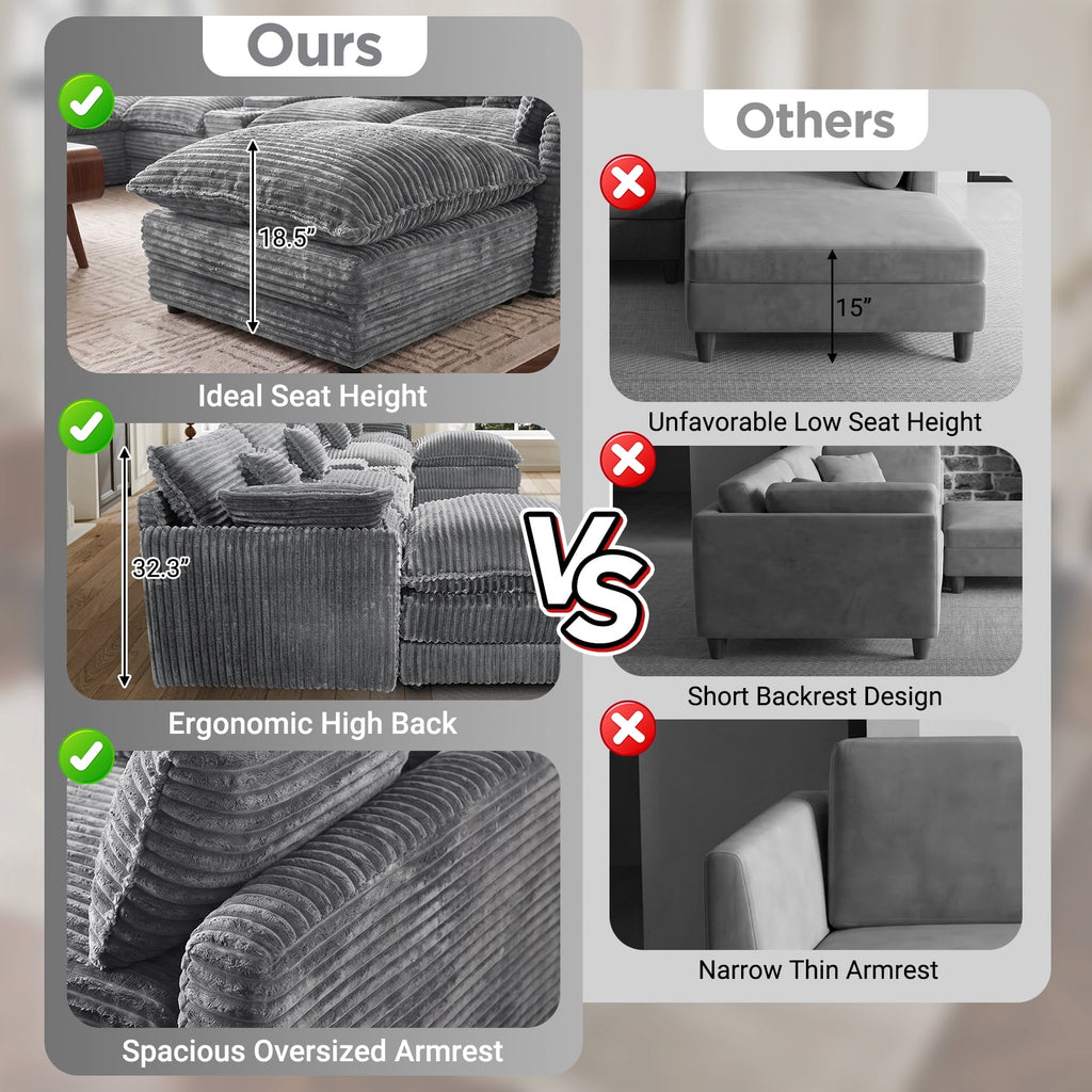 HUACANORA Contemporary Corduroy 6-Seat and Oversized U-Shaped Modular Sectional Cloud Couch with Hidden Storage Console and Cup Holders, Light Gray