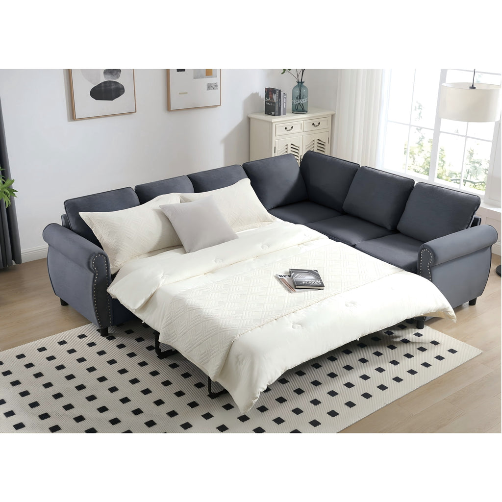  Sectional Sofa, Pull Out Sofa Bed Queen Size, 6 Seat Sofa Couch Convertible Sleeper Sofa Bed for Living Room Gray