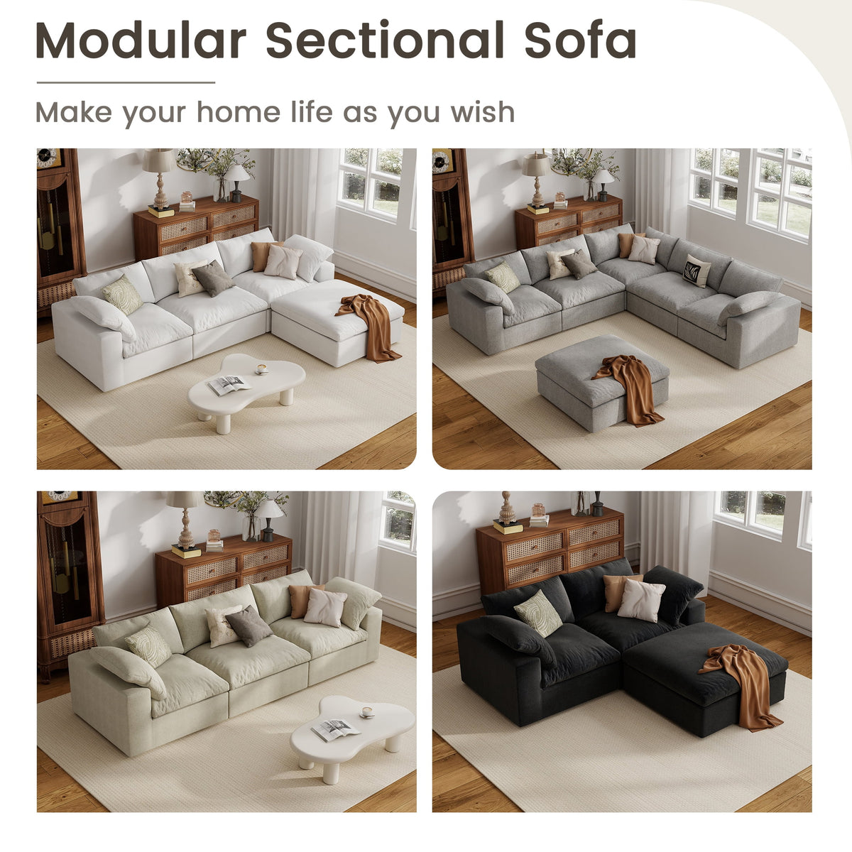 The Magic Home 118" Sofa Couch, Cloud Modular Sectional Sofa with Removable Storage Ottoman, L Shaped Linen Modern Comfy for Living Room, Apartment, Office, DIY Combination, 3 Seater Khaki Couch