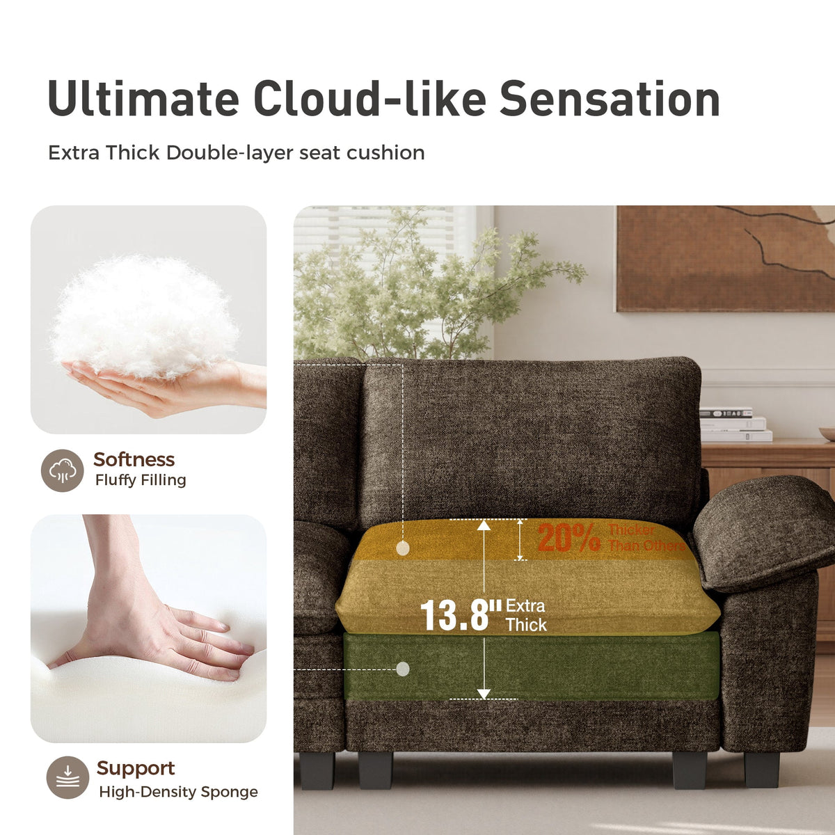 Sophia&William 157.5"L Modular Sectional Sofa Sets, Modern Chenille Couch 6-Seat Oversized Cloud Sofa with 4 Pillows & 2 Ottomans for Living Room,Grayish Brown