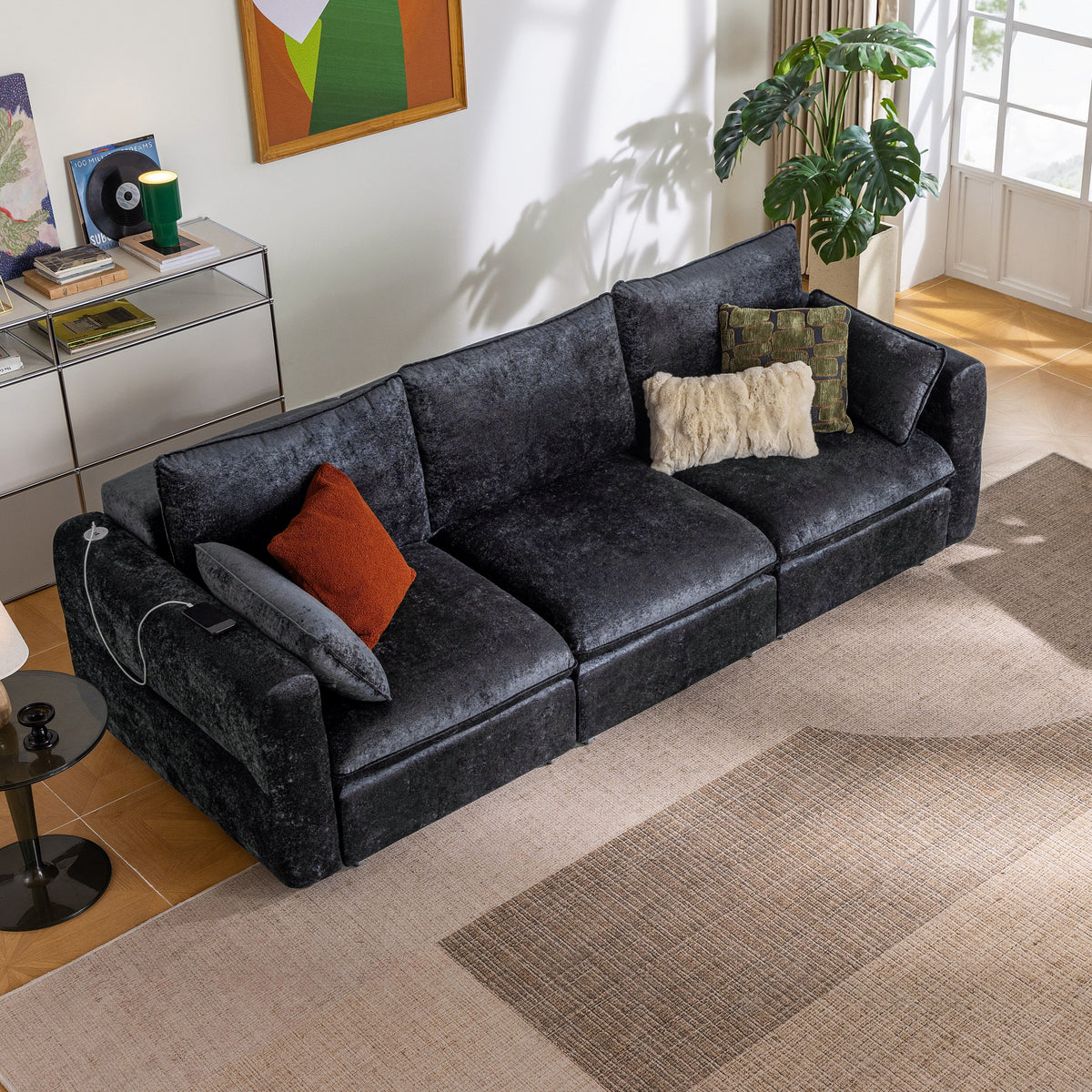 CHIC HOUSE 104" Electric Extendable Sofa Bed with Triple Motor, Convertible Smart Power Reclining Sleeper Sofa Deep Seat 3-Seat Couch with Solid Wood Frame in Velvet, Black