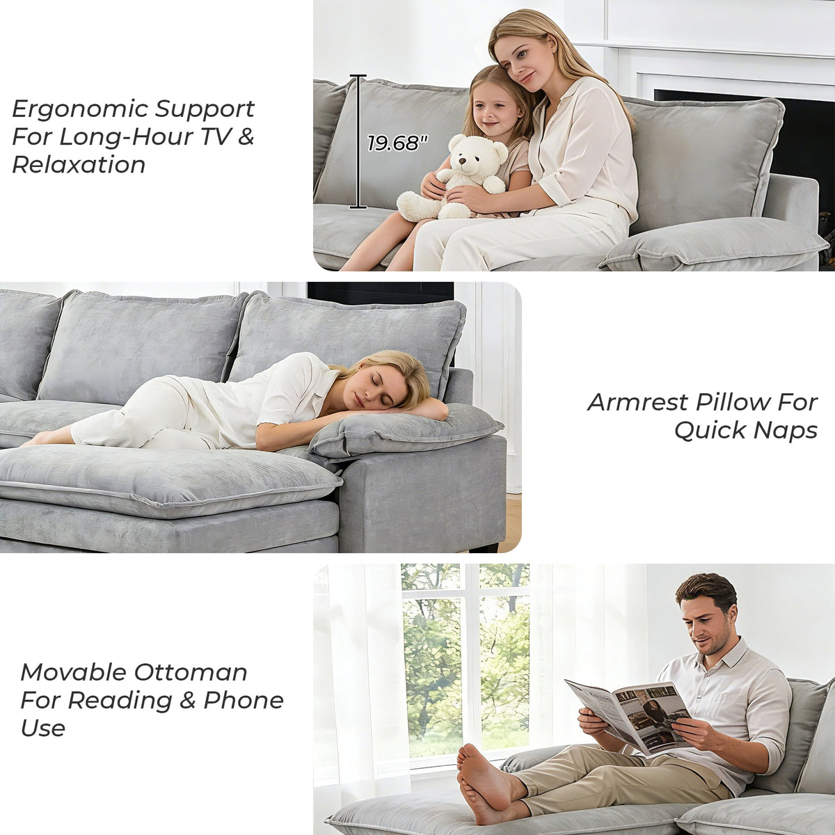  122" W L Shaped Sectional Sofa, Modern Chenille Deep Seat Cloud Couch with Movable Chaise, Plush Living Room Couches for Apartment, 3-Seater Light Gray