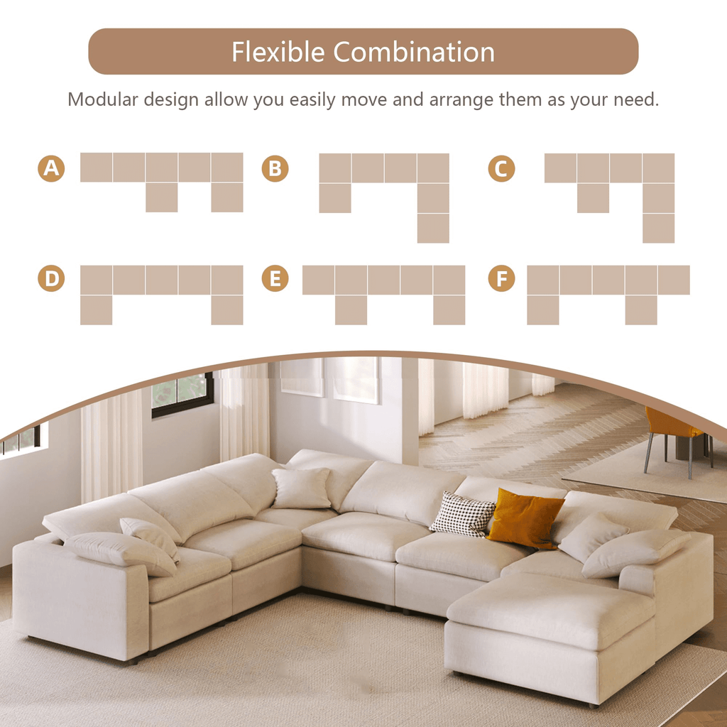 GNIXUU 7-Seater Oversized Modular Sectional Sofa Couch,Chenille Cloud Corner Sofa Modern U-Shaped Comfy Couches with Ottoman for Living Room, Office,Spacious Space,Beige