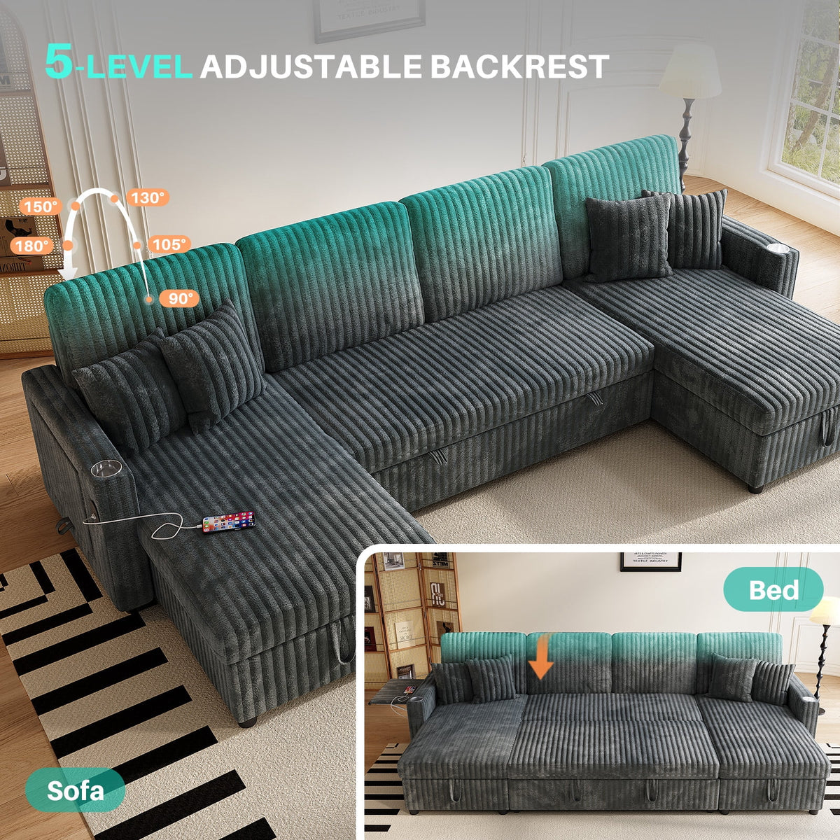 110" U Shaped Couch,Sleeper Sectional Sofa, Convertible Cloud Sofa with Pull Out Bed,Modular Couch with Double Storage Chaise, Small Desktop,USB (Corduroy,Dark Grey)