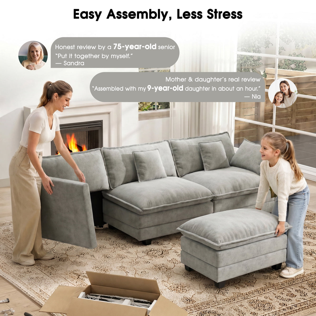  111.5'' Modular Sectional Sofa with Movable Ottomans, U Shaped Cloud Couch for Living Room, 3-Seat, Grey