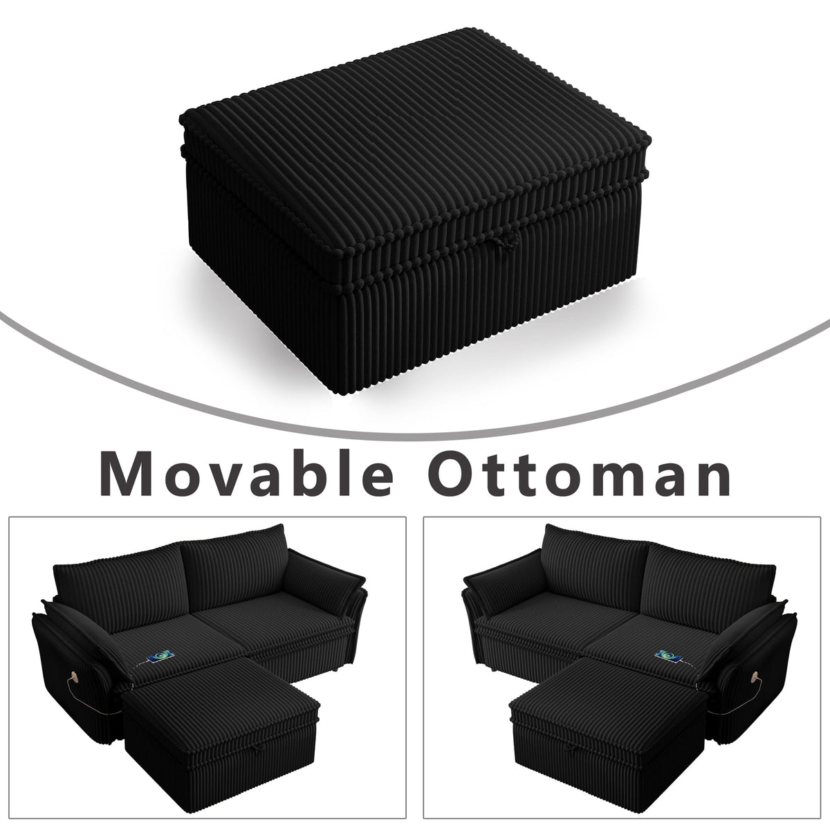  Pull Out Sofa Bed Queen Size, 85" Loveseat Sofa with Movable Ottoman, USB Charging Port, Corduroy Sofa Couch Convertible Sofa Bed for Living Room Black