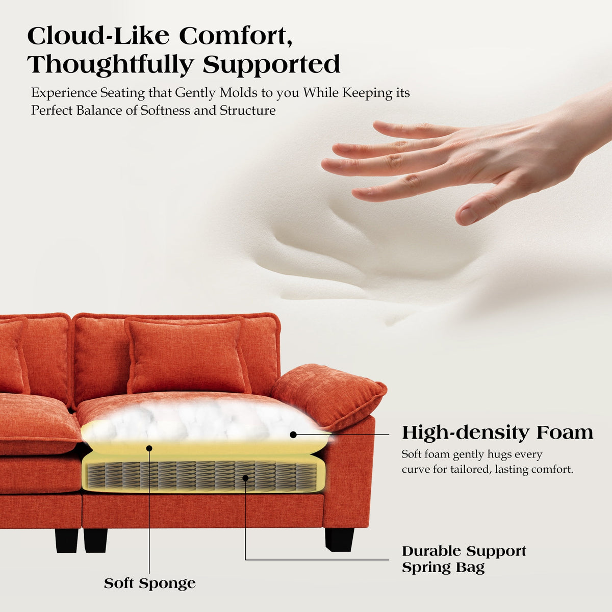 CDCASA Oversized Modular Sectional Sofa, 3-Seat U Shaped Cloud Couch with Movable Ottoman, Deep Seat Modern Sofa, 120" Sectional Couches for Living Room, Orange