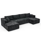  132" U-Shaped Chenille Cloud Sectional Sofa, Boneless Modular Couch with Cup Holders & Side Pockets, No Assembly Compressed Living Room Sofa, Black