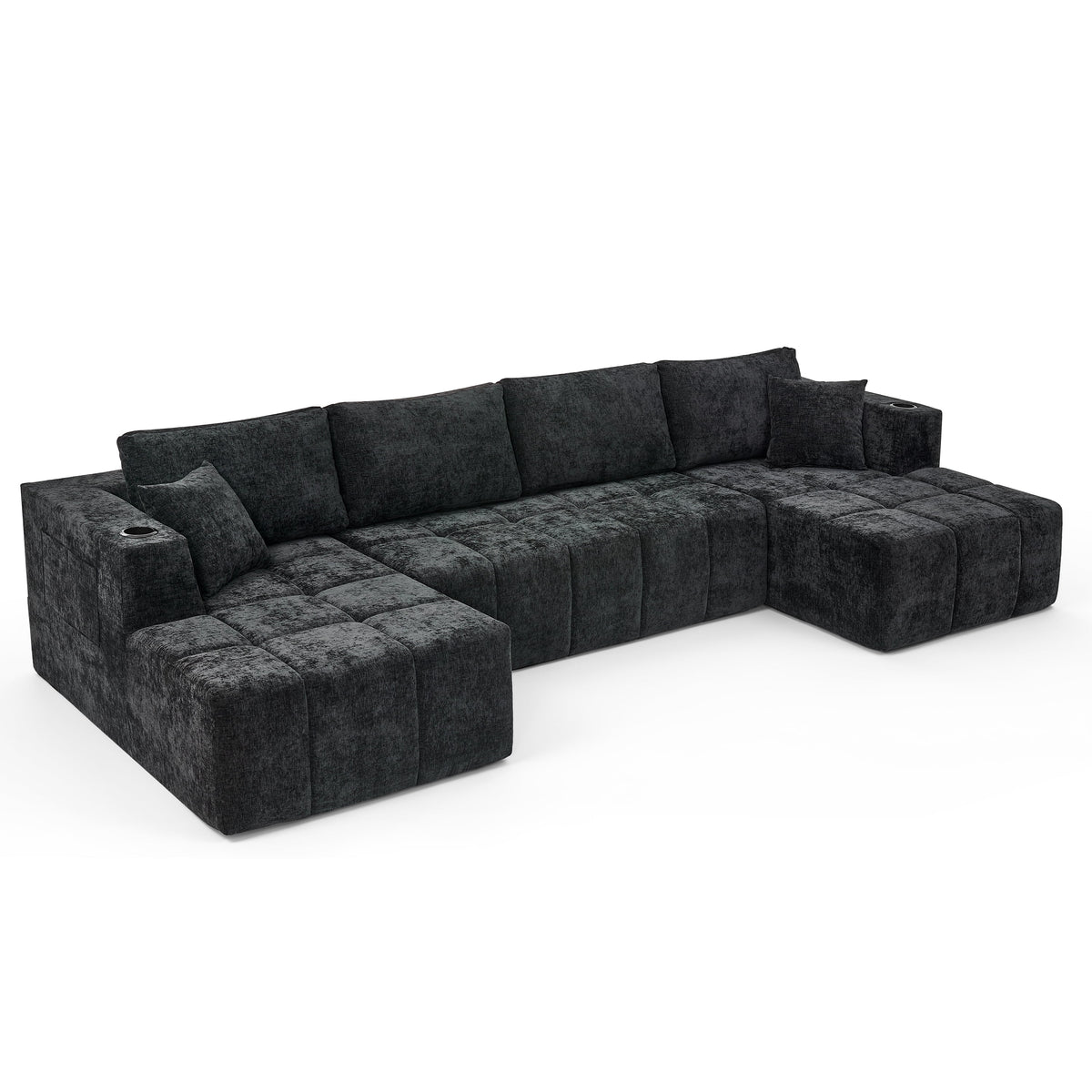  132" U-Shaped Chenille Cloud Sectional Sofa, Boneless Modular Couch with Cup Holders & Side Pockets, No Assembly Compressed Living Room Sofa, Black