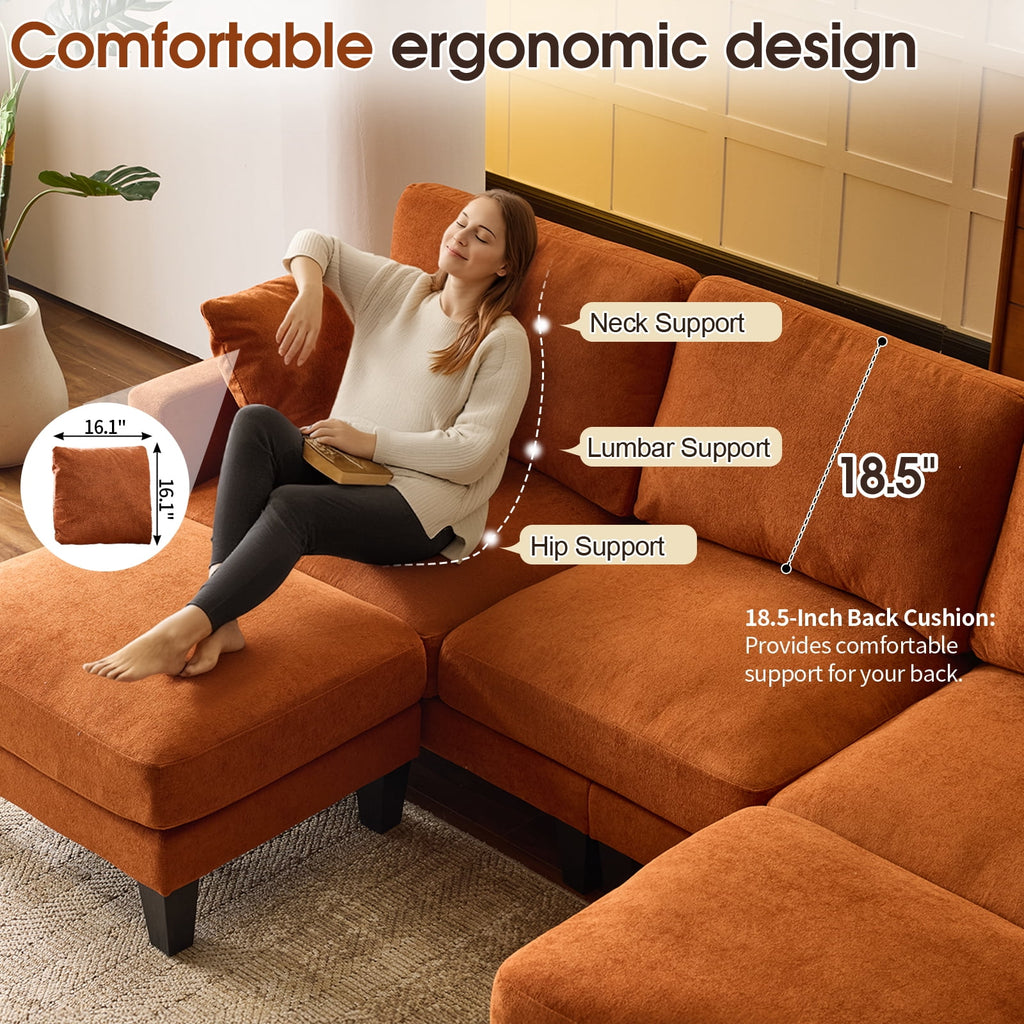  U-Shaped Sofa with 2 Removeable Ottoman Footrests, Flannel Deep Seating Couch for 3, Converts to Sleeper for Bedroom Living Room Furniture Orange