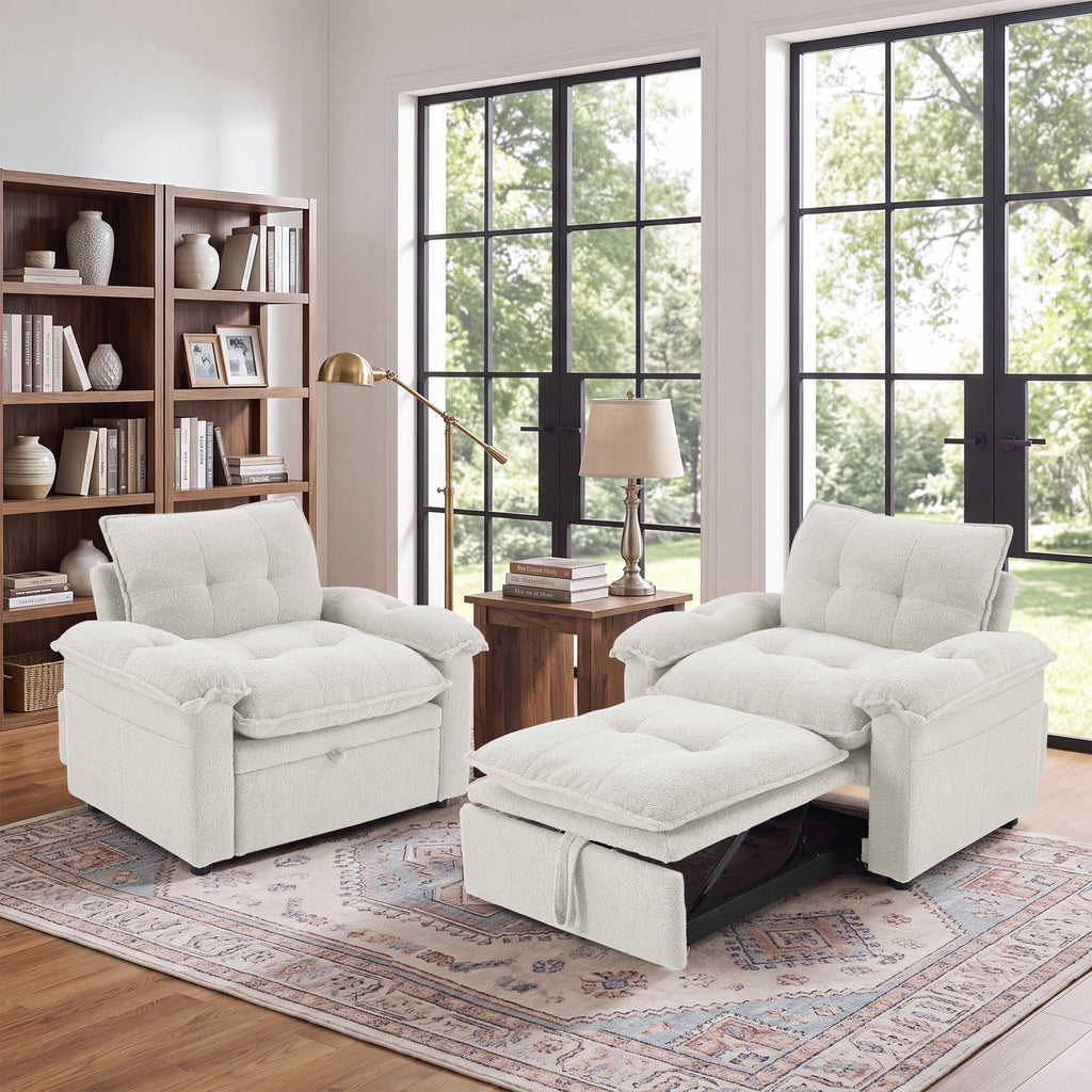  Set of 2 3-in-1 Pull Out Sofa Bed Chairs, Soft Fabric Convertible Design with Side Storage, White