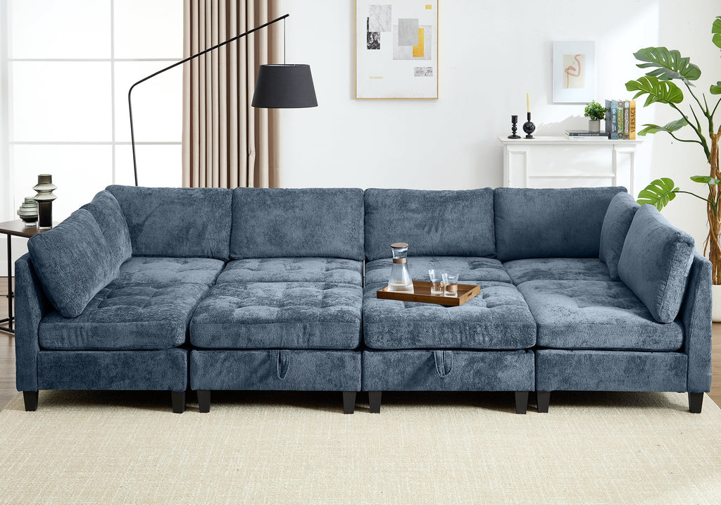 Advwin Oversized Modular Sectional Sofa, 8 Seat Plush Chenille Couch with Storage Ottomans & Thick Cushions, Modern Comfy Convertible L Shaped Sleeper Sofa Bed for Living Room, Blue