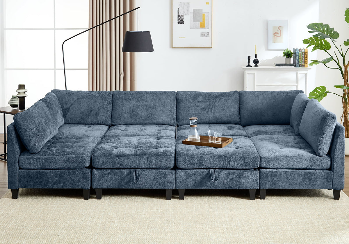 Advwin Oversized Modular Sectional Sofa, 8 Seat Plush Chenille Couch with Storage Ottomans & Thick Cushions, Modern Comfy Convertible L Shaped Sleeper Sofa Bed for Living Room, Blue