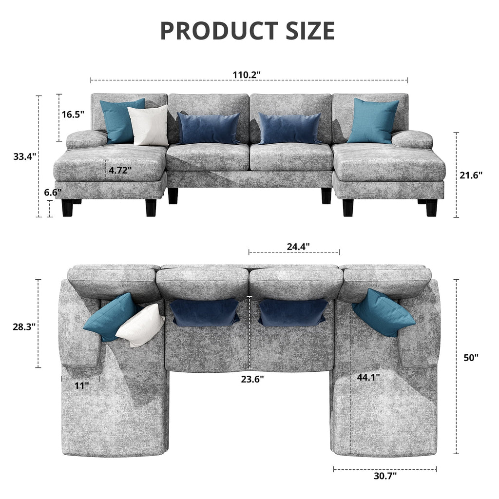  Chenille U Shaped Sectional Sofa, Gray
