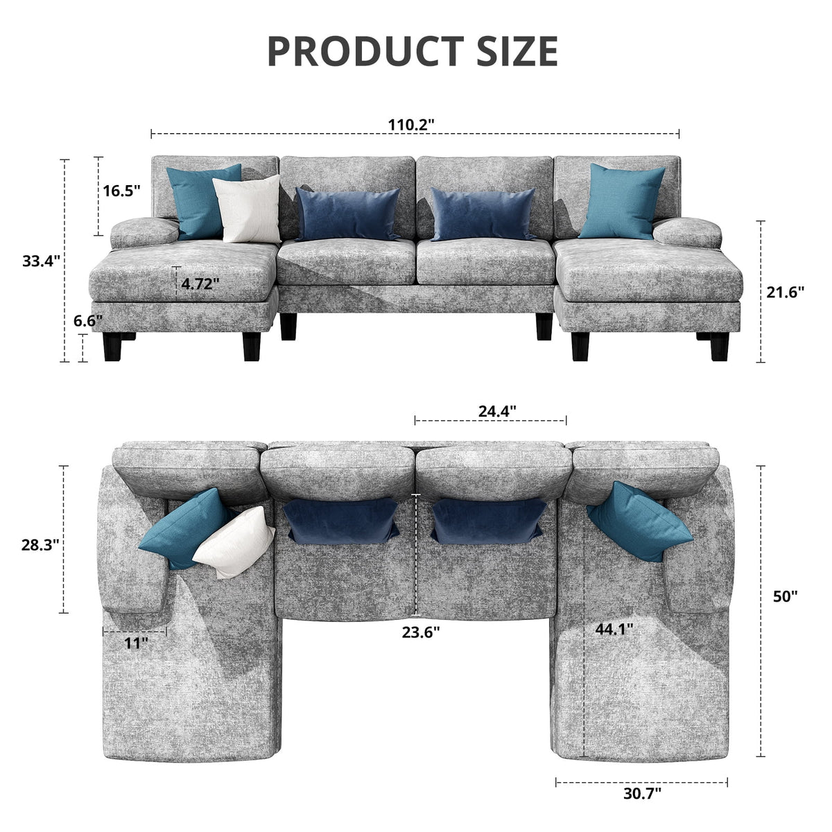  Chenille U Shaped Sectional Sofa, Gray