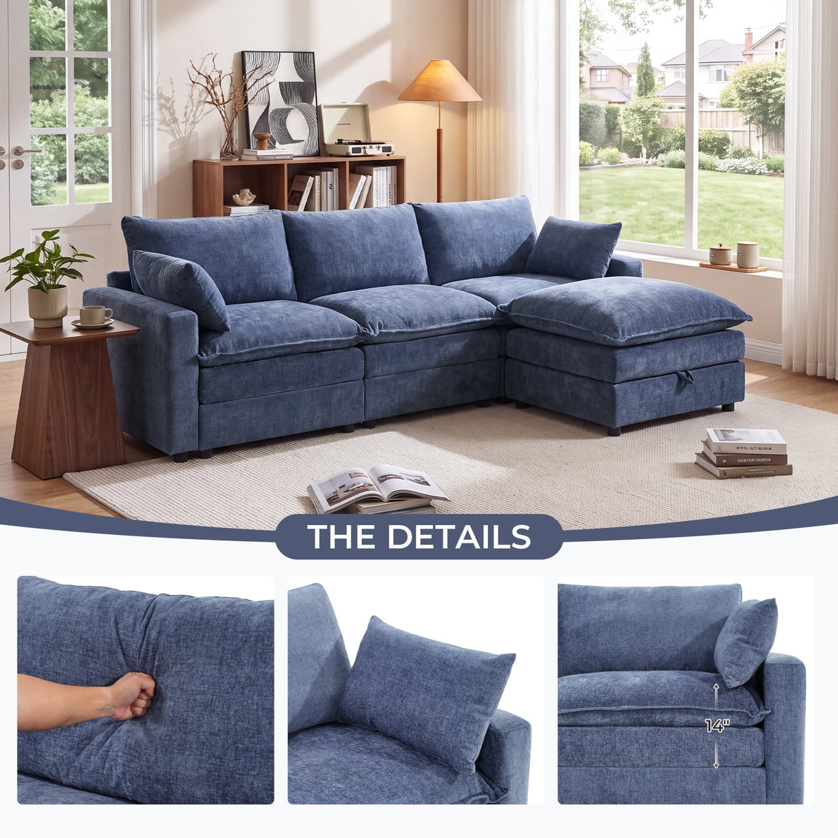  Modular Sectional Sofa, 112.9" L-Shaped Ultra-Comfort Sofa with Storage Ottoman, Modern Chenille Cloud Couch for Living Room & Family Room, Royal Blue