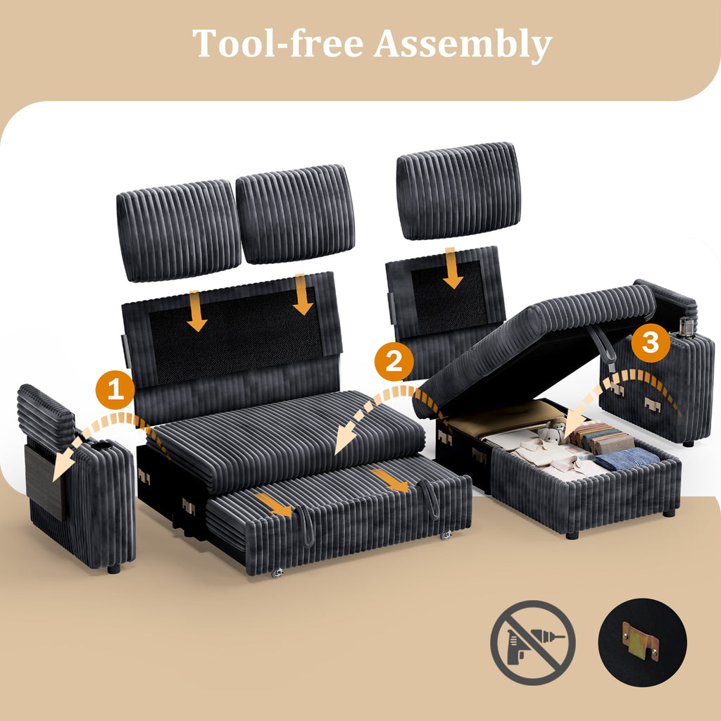 85" Modular Sectional Sleeper Sofa with Pull Out Bed, 3 Seat Plush L Shaped Couch with Storage Chaise|USB Ports|Cup Holders|Side Table|Storage Armrests, Tool Free Assembly, Corduroy Fabric Dark Gray