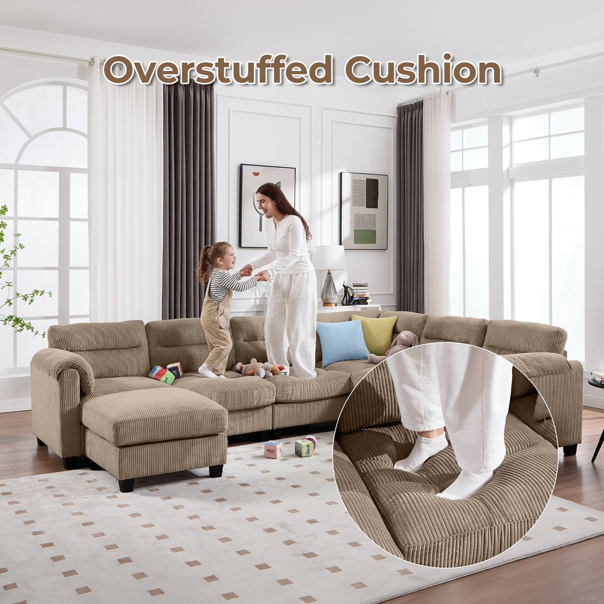  Convertible Modular Padded Sectional Sofa Couch with Foam Frame & Ottoman for Living Room - Taupe