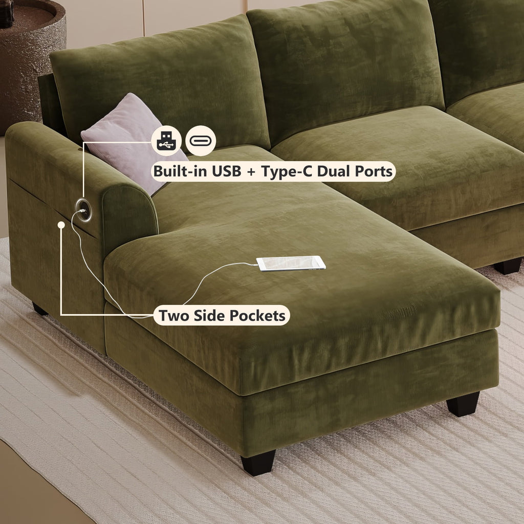 ZX Design 147.2" Sectional Cloud Couch L-Shaped Modular Chenille Sofa, 7-Seater Deep Seat Chaise with Storage Ottoman & USB Ports for Living Room