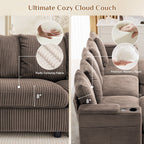 Wiilayok 110" Oversized U-Shaped Cloud Couch Sectional with Modular Design for Living Room: Comfy Corduroy, Ottoman, USB Port, Cup Holder, Armrest Storage, Side Pocket, Brown