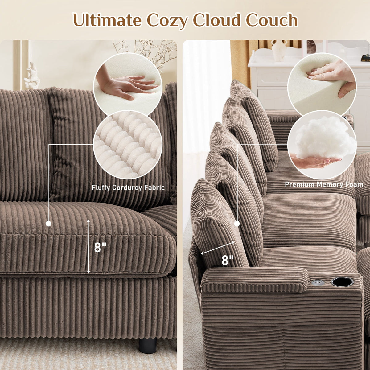 Wiilayok 110" Oversized U-Shaped Cloud Couch Sectional with Modular Design for Living Room: Comfy Corduroy, Ottoman, USB Port, Cup Holder, Armrest Storage, Side Pocket, Brown