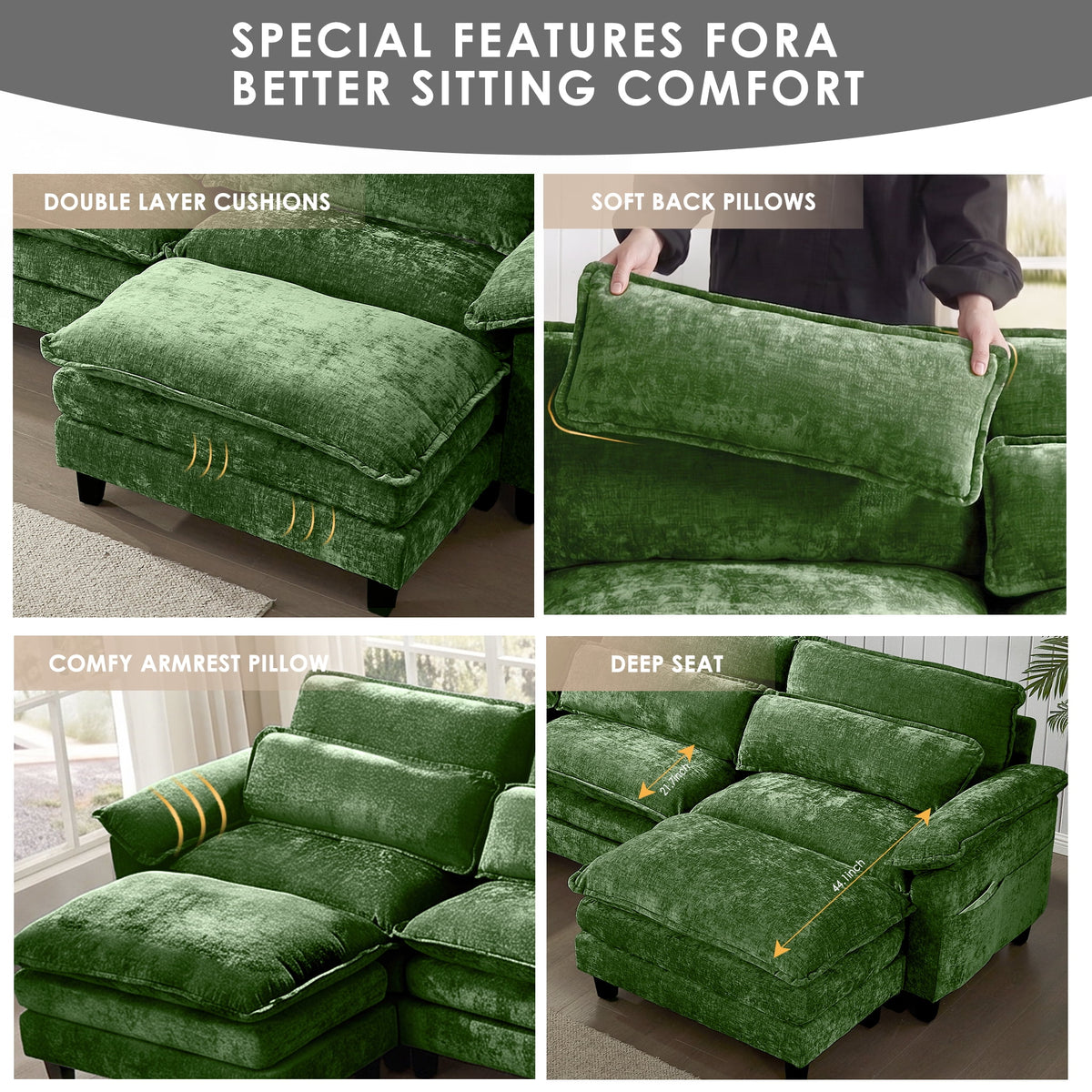 AISWORD 157" U Shaped Cloud Couch Sectional, Oversized Modular Sofa with USB Charging, Hidden Storage, Cup Holders & Double Chaise for Living Room, Green